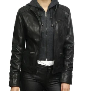 Womens Black and Brown Slim Fit Leather Jacket With Hoodie