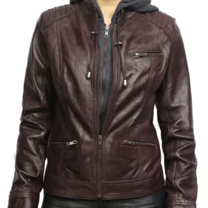 Womens Black and Brown Slim Fit Leather Jacket With Hoodie Brown