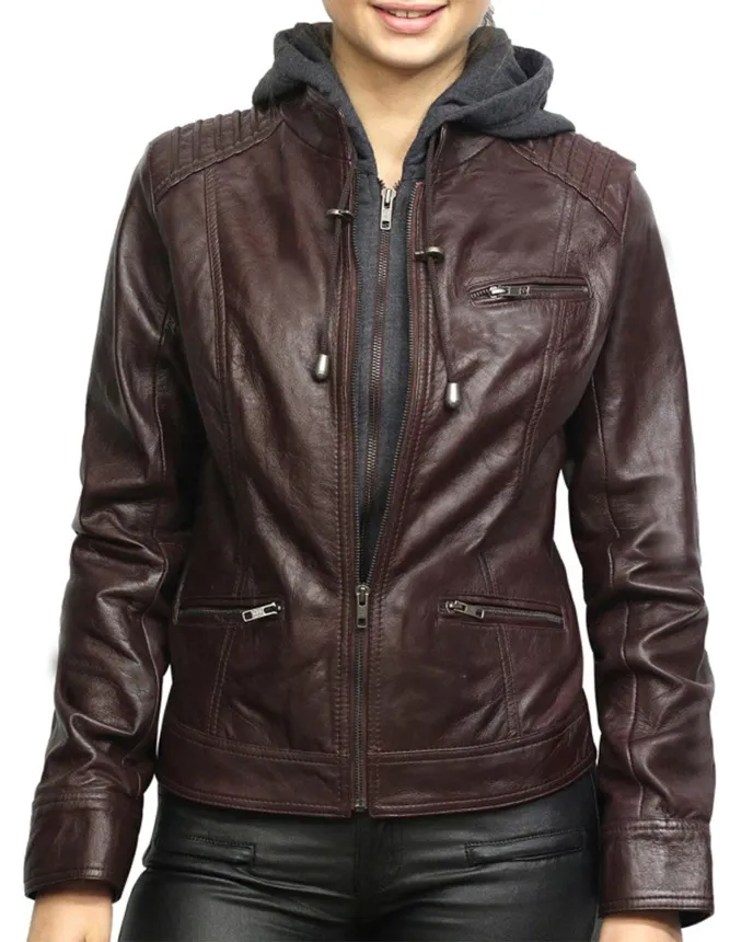 Womens Black and Brown Slim Fit Leather Jacket With Hoodie Brown
