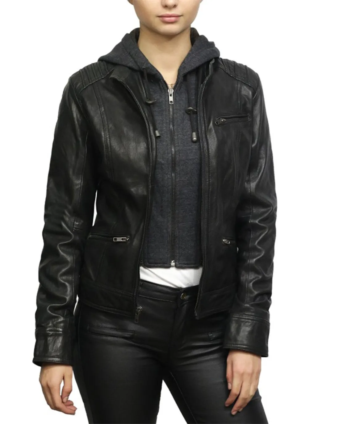 Womens Black and Brown Slim Fit Leather Jacket With Hoodie
