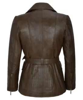 Womens Brown Asymmetrical Zipper Leather Coat Back
