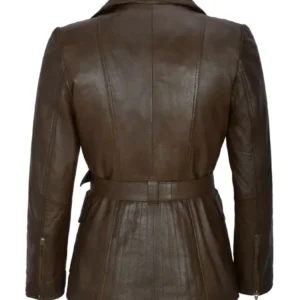 Womens Brown Asymmetrical Zipper Leather Coat Back
