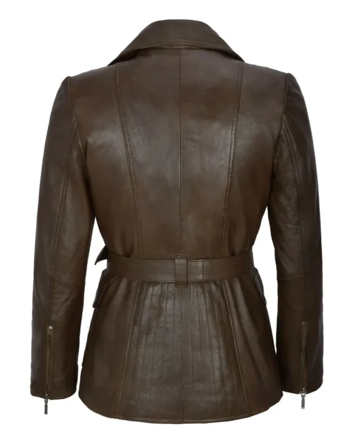 Womens Brown Asymmetrical Zipper Leather Coat Back