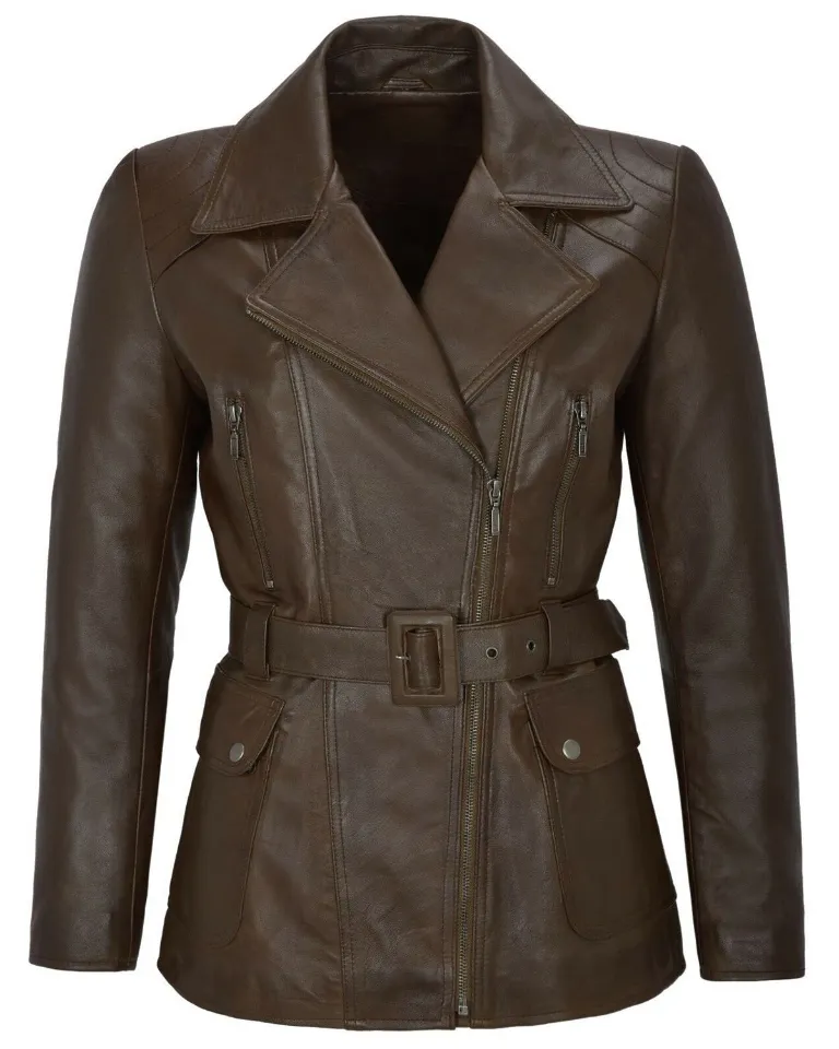Womens Brown Asymmetrical Zipper Leather Coat