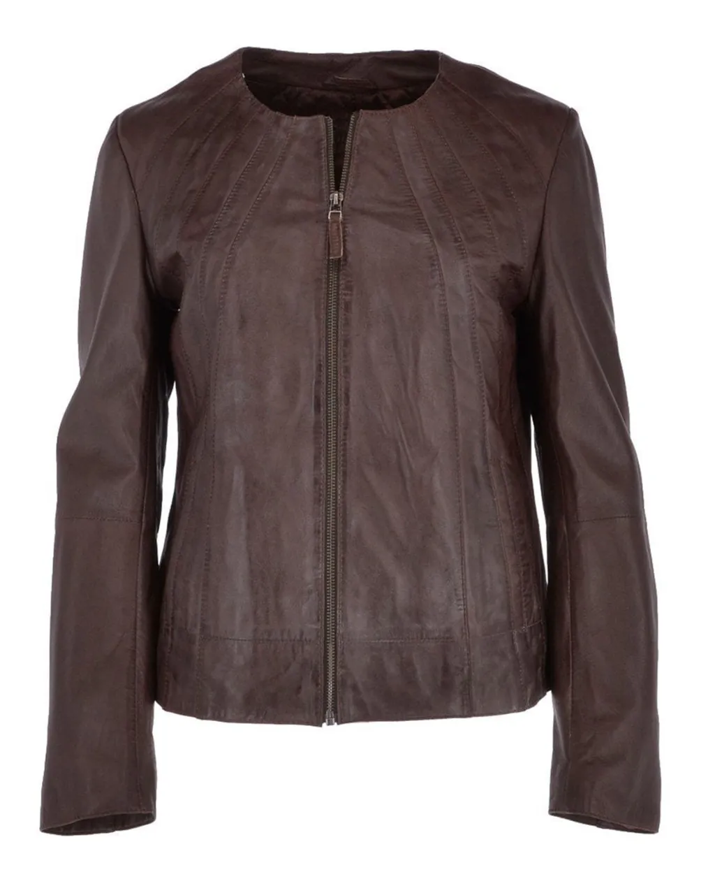 Womens Brown Collarless Leather Jacket