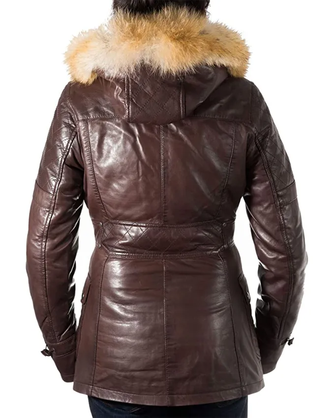 Womens Brown Duffle Leather Coat
