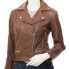 Womens Brown Plain Notch Collar Biker Leather Jacket