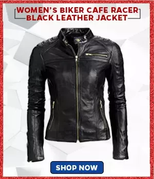 Women Erect Collar Biker Cafe Racer Black Leather Jacket