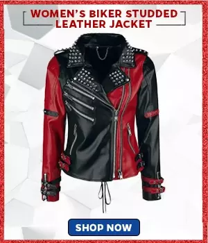 Women’s Red And Black Biker Studded Leather Jacket
