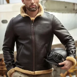 Mens-B3-Bomber-Real-Shearling-Aviator-Coffee-Brown-Heavy-Leather-Jacket