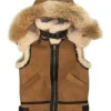 Mens B3 Bomber Removable Hoodie Real Shearling Sheepskin Brown Leather Vest