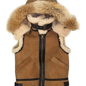 Mens-B3-Bomber-Removable-Hoodie-Real-Shearling-Sheepskin-Brown-Leather-Vest