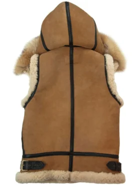 Mens B3 Bomber Removable Hoodie Real Shearling Sheepskin Brown Leather Vest Back