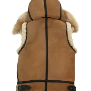 Mens B3 Bomber Removable Hoodie Real Shearling Sheepskin Brown Leather Vest Back