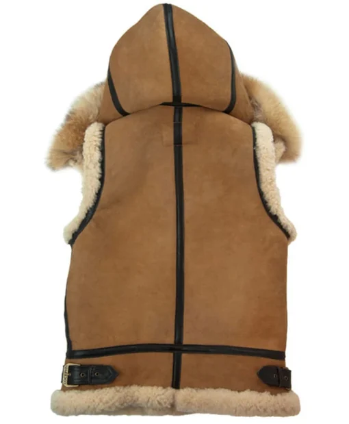 Mens B3 Bomber Removable Hoodie Real Shearling Sheepskin Brown Leather Vest Back