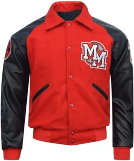Mens MJ Micky Mouse Wool & Faux Leather Sleeves Letterman Varsity Bomber Jacket Front