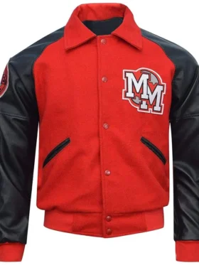 Mens MJ Micky Mouse Wool Faux Leather Sleeves Letterman Varsity Bomber Jacket Front