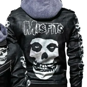 Mens Motorcycle Misfits Black Leather Real Biker Jacket with Detachable Hood
