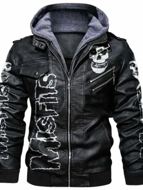 Mens Motorcycle Misfits Black Real Leather Biker Jacket with Detachable Hood