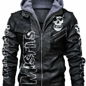 Mens Motorcycle Misfits Black Real Leather Biker Jacket with Detachable Hood