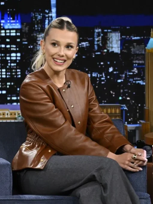 Millie-Bobby The-Tonight Show Starring Jimmy Fallon Brown Jacket Left