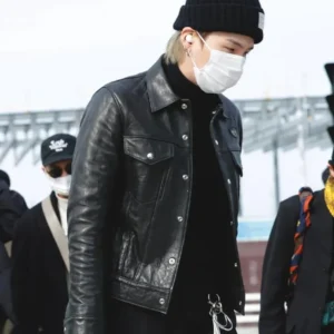 Min Yoon gi BTS Suga Black Leather Jacket Right