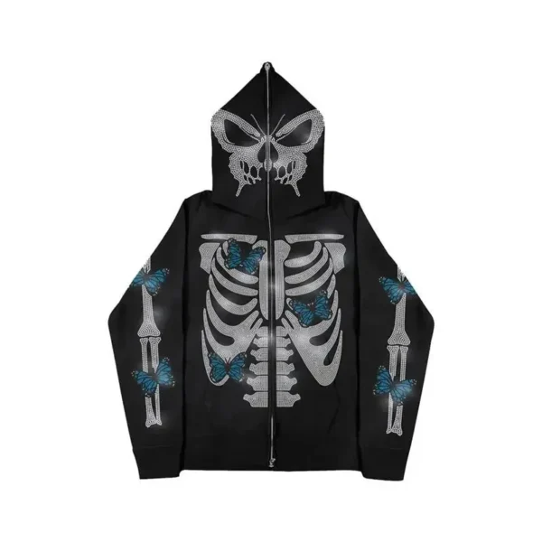 Rhinestone Skeleton Zip up Hoodie Front