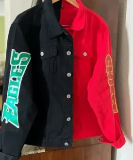 Super Bowl Jason and Travis Kelce Mom Donna Kelce Red and Black Jean Jacket