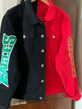 Super Bowl Jason and Travis Kelce Mom Donna Kelce Red and Black Jean Jacket