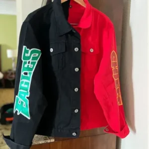 Super Bowl Jason and Travis Kelce Mom Donna Kelce Red and Black Jean Jacket