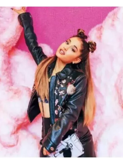 Ariana Grande Patches Black Genuine Leather Jacket