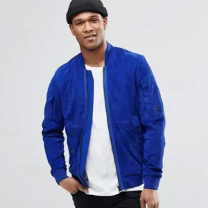 Blue Suede Bomber Jacket For Men
