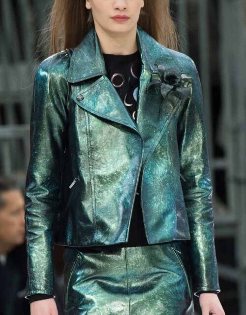 Emily Cooper Emily In Paris Moto Green Leather Jacket