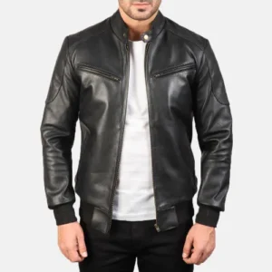 Full Grain Black Leather Bomber Jacket