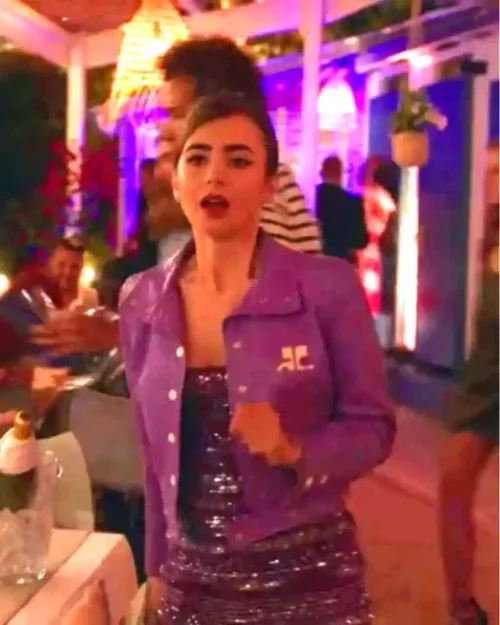 Lilly Collins Tv Series Emily In Paris Emily Cooper S02 Purple Leather Jacket