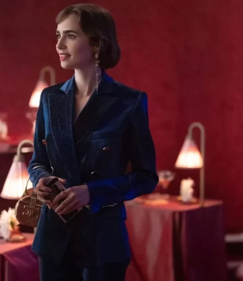 Lily Collins Emily In Paris S03 Blue Velvet Suit
