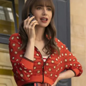 Lily Collins Emily In Paris S3 Red Dotted Cropped Jacket