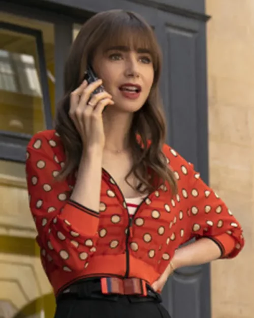 Lily Collins Emily In Paris S3 Red Dotted Cropped Jacket