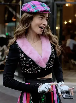Lily Collins Emily in Paris Pink Fur Collar Cardigan