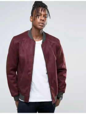 Mens Burgundy Suede Bomber Jacket