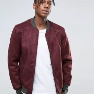 Mens Burgundy Suede Bomber Jacket