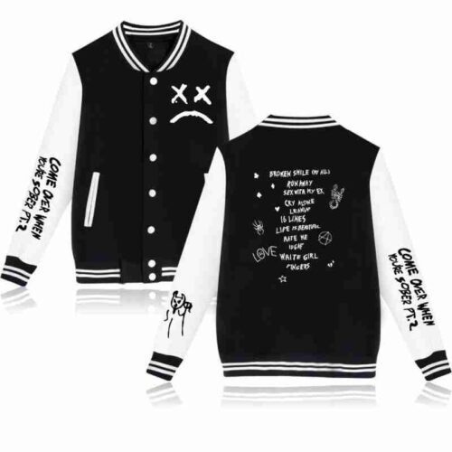 Rapper Lil Peep Sad Face Black and White Varsity Bomber Jacket