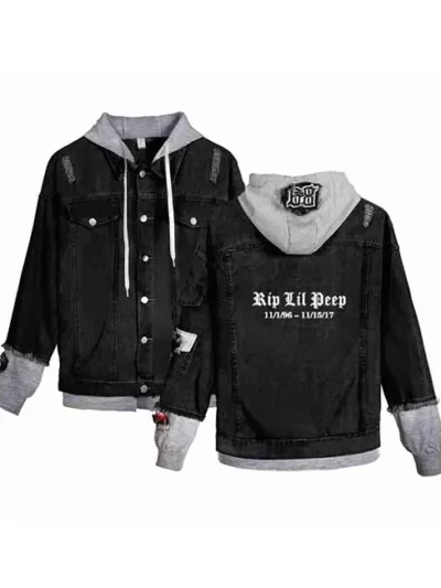 Rapper Rip Lil Peep Black Grey Denim Hooded Trucker Jacket