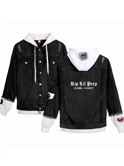 Rapper Rip Lil Peep Black White Denim Hooded Trucker Jacket