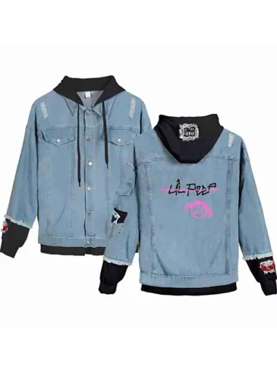 Rapper Rip Lil Peep Blue and Black Pink Girl Denim Hooded Trucker Jacket