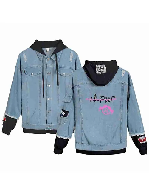 Rapper Rip Lil Peep Blue and Black Pink Girl Denim Hooded Trucker Jacket