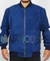 Blue Suede Bomber Jacket front close