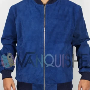 Blue Suede Bomber Jacket front close