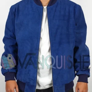 Blue Suede Bomber Jacket front open