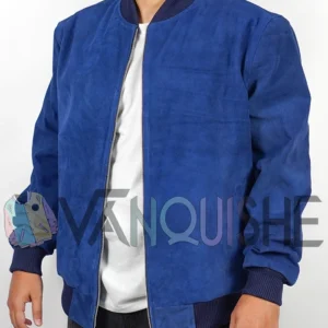 Blue Suede Bomber Jacket left